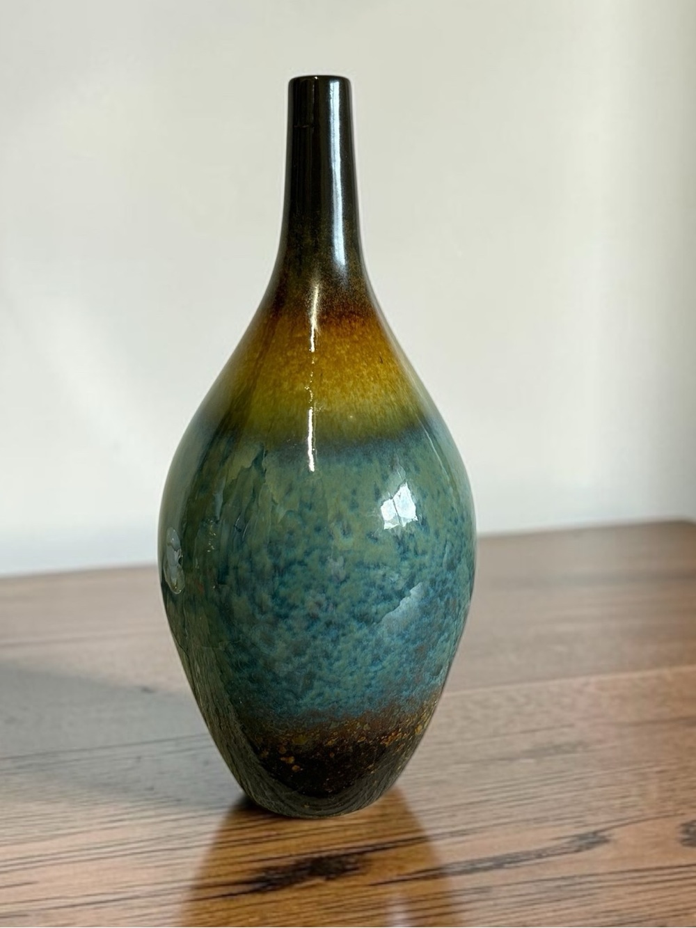 Ceramic Teardrop Bottle Vase - 12" Blue & Brown Reactive Drip Glaze